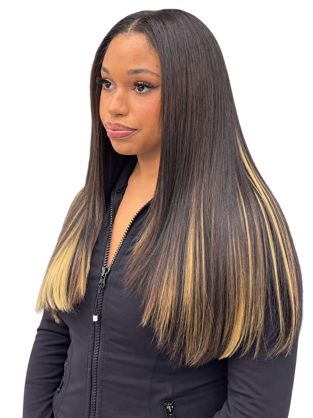 AM client with straight dark hair and blonde highlights